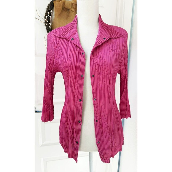 BABETTE SF Raspberry Pink Zig Zag Pleated Snap Front Blouse Top  Women's Medium - Picture 2 of 7